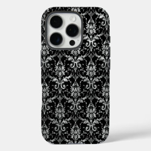 Coques iPhone 16 Pro Damas en métal argenté sur noir