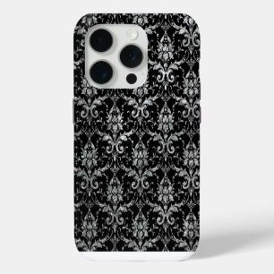 Coque iPhone 15 Pro Damas en métal argenté sur noir