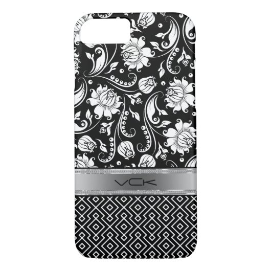 Coques Case-Mate iPhone Damas florales noires et blanches et Motif géométr (Dos)