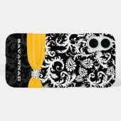 Coques Case-Mate iPhone Damas jaune et blanc imprimé Faux Rhinestone (Verso (horizontal))