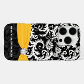 Coques Case-Mate iPhone Damas jaune et blanc imprimé Faux Rhinestone (Verso (horizontal))