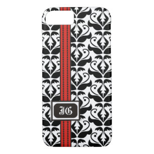 Coque Case-Mate Pour iPhone Damas noir blanc avec bande rouge et monogramme