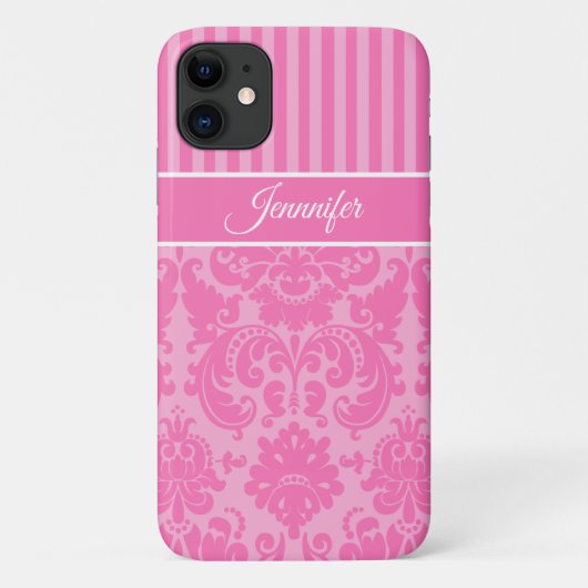 Coques Case-Mate iPhone Damas rayées rose et blanc personnalisées (Dos)