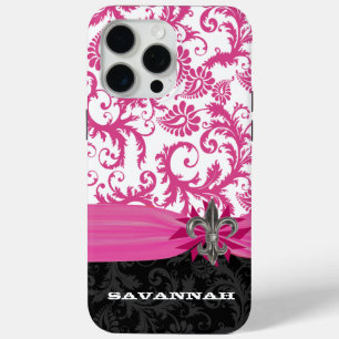 Coque iPhone 15 Pro Max Damas rose Personnalisé Fleur de lis