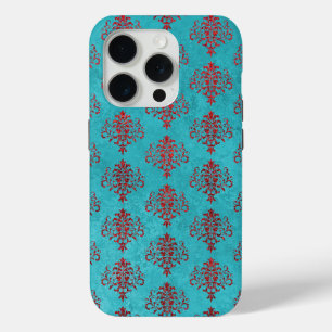 Coque iPhone 15 Pro Damas rouge texturé sur Motif Turquoise
