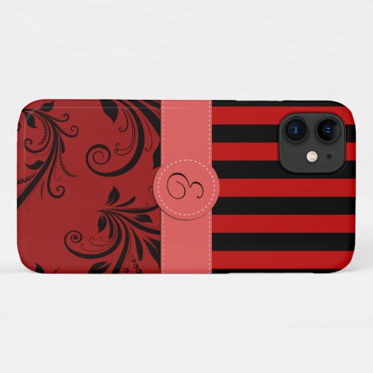 Coques Case-Mate iPhone Damas Rouges, Rayures Rouges, Rayures, Monogramme (Dos (Horizontal))