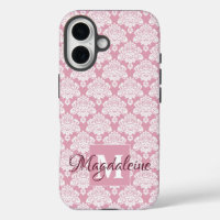 Damask blanc sur Dusty Rose Monogramme & Nom Joli