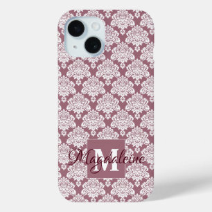 Coque Pour iPhone 15 Damask blanc sur Mauve Monogramme & Nom Jolie