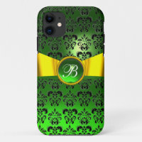 DAMASK FIÈRE MONOGRAM vert or jaune ruban