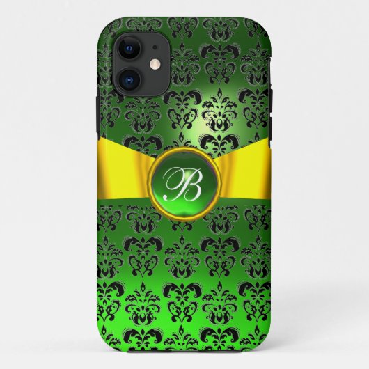 Coques Case-Mate iPhone DAMASK FIÈRE MONOGRAM vert or jaune ruban (Dos)