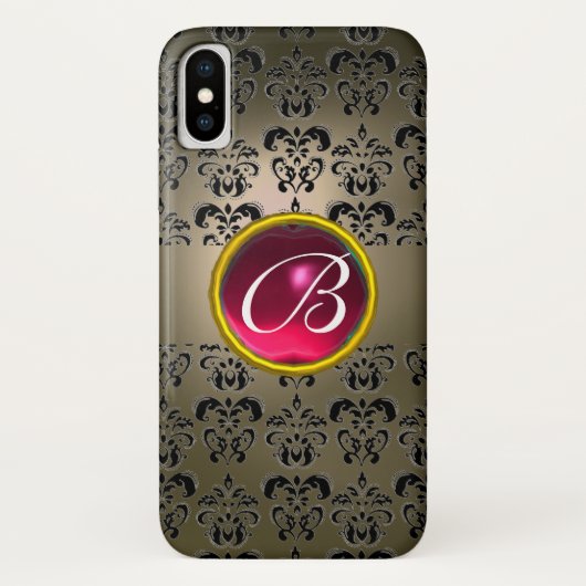 Coques Case-Mate iPhone DAMASK GEM MONOGRAM gris noir rose fuchsia (Dos)