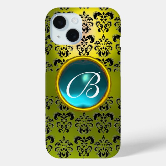 Coques Case-Mate iPhone DAMASK GEM MONOGRAM jaune bleu aquamarine (Verso)