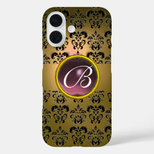 Coques iPhone 16 DAMASK GEM MONOGRAM jaune violet noir