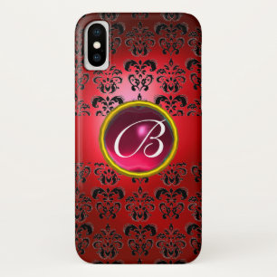 Coque iPhone X DAMASK GEM MONOGRAM rouge noir rose fuchsia