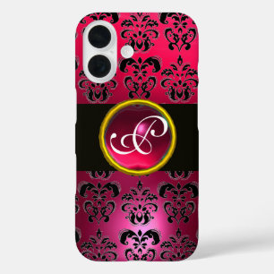 Coques iPhone 16 DAMASK GEM MONOGRAM Rouge rose Rubis