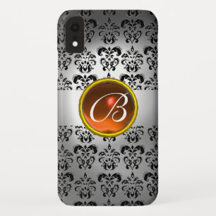 Coque Pour iPhone XR DAMASK GEM MONOGRAS blanc orang noir