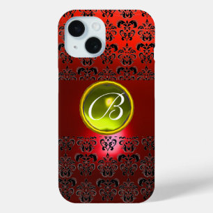 Coque Pour iPhone 15 DAMASK GEM MONOGRAS Jaune rouge