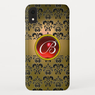 Coque Pour iPhone XR DAMASK GEM MONOGRAS jaune rouge noir