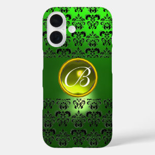 Coques iPhone 16 DAMASK GEM MONOGRAS Jaune vert