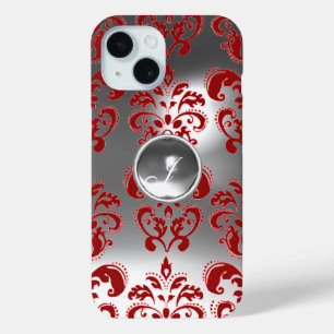 Coque Pour iPhone 15 DAMASK GEM MONOGRAS rouge blanc