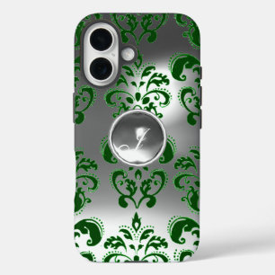 Coques iPhone 16 DAMASK GEM MONOGRAS vert blanc