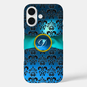 Coques iPhone 16 DAMASK GIRLY MONOGRAM ruban bleu
