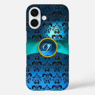 Coques iPhone 16 DAMASK GIRLY MONOGRAM ruban bleu