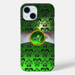 Coque Pour iPhone 15 DAMASK GIRLY MONOGRAM vert ruban blanc