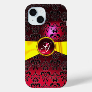Coque Pour iPhone 15 DAMASK MONOGRAMME MONOGRAMME rouge or jaune ruban