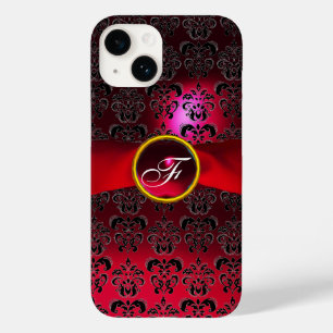 Coque Pour iPhone 14 DAMASK MONOGRAMME rouge bordeaux ruban