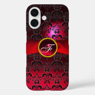 Coques iPhone 16 DAMASK MONOGRAMME rouge bordeaux ruban