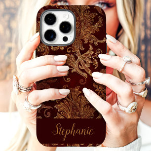Coques iPhone 16 Pro Max Damask Or Rouge Vintage Nom Personnalisé