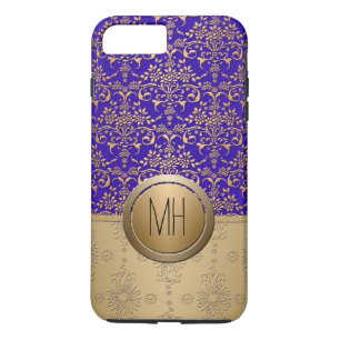 Coque iPhone 8 Plus/7 Plus Damassé bleu royal et or motif monogramme personna