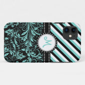 Coques Case-Mate iPhone Damassé bleue et blanche d'Aqua avec les rayures (Dos (Horizontal))