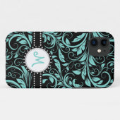 Coques Case-Mate iPhone Damassé bleue et noire d'Aqua avec le monogramme (Dos (Horizontal))