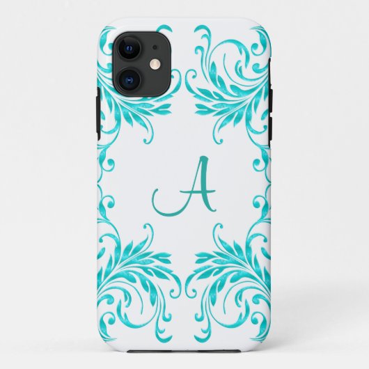 Coques Case-Mate iPhone Damassé de bleu d'Aqua de monogramme (Dos)
