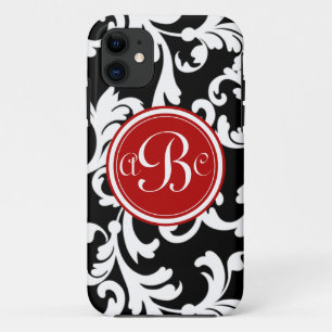Coque iPhone 11 Damassé décorée d'un monogramme de "B" en rouge