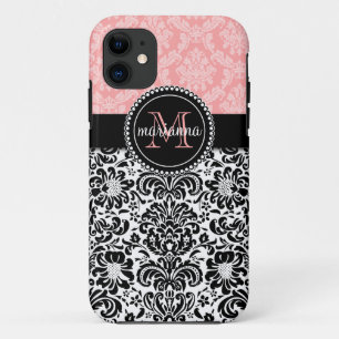 Coque iPhone 11 Damassé élégante de noir de roses pâles de Par