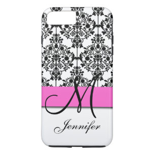 Coque iPhone 8 Plus/7 Plus Damassé florale blanche noire rose décorée d'un