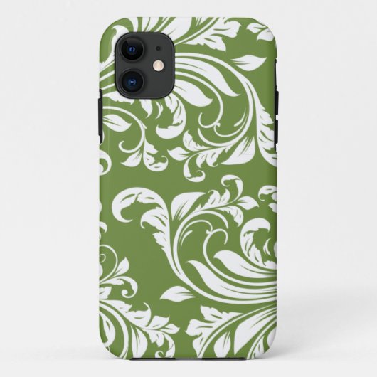 Coques Case-Mate iPhone Damassé florale de vert et blanche olive foncée (Dos)
