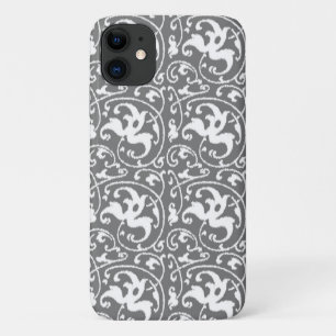Coques Pour iPhone Damassé florale d'Ikat - gris/gris et blanc