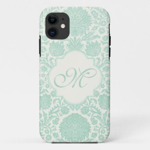 Coque iPhone 11 Damassé florale verte de Seafoam rétro avec le