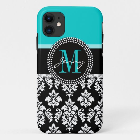 Coques Case-Mate iPhone Damassé Girly de noir d'Aqua votre nom de (Dos)