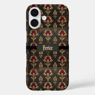 Coques iPhone 16 Damassé gothique or rouge et noir
