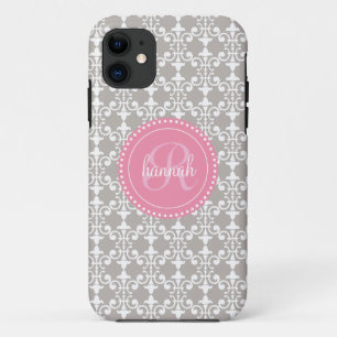 Coque iPhone 11 Damassé grise et rose moderne personnalisée