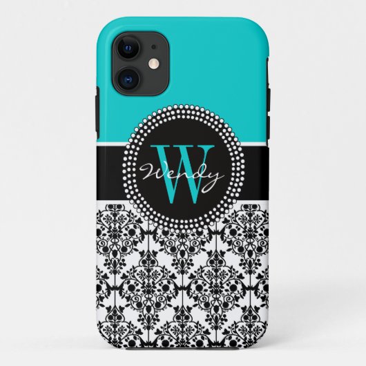 Coques Case-Mate iPhone Damassé noire turquoise personnalisée d'Aqua (Dos)
