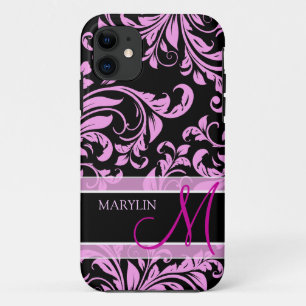 Etui iPhone Case-Mate Damassé rose et noire élégante avec le monogram