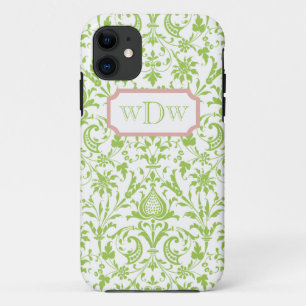 Coques Pour iPhone Damassé verte et blanche moderne et cadre rose