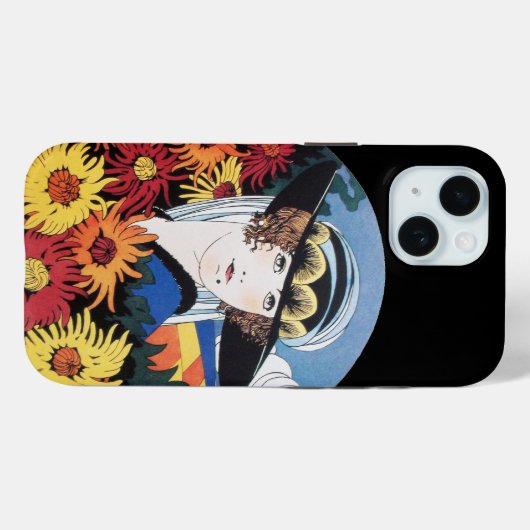 Coques Case-Mate iPhone Dame aux fleurs de chrysanthème, noir (Verso (horizontal))