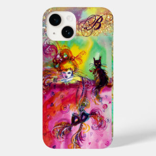 Coque Pour iPhone 14 DAME AVEC CHAT NOIR ET MASQUE Masquerade Monogramm